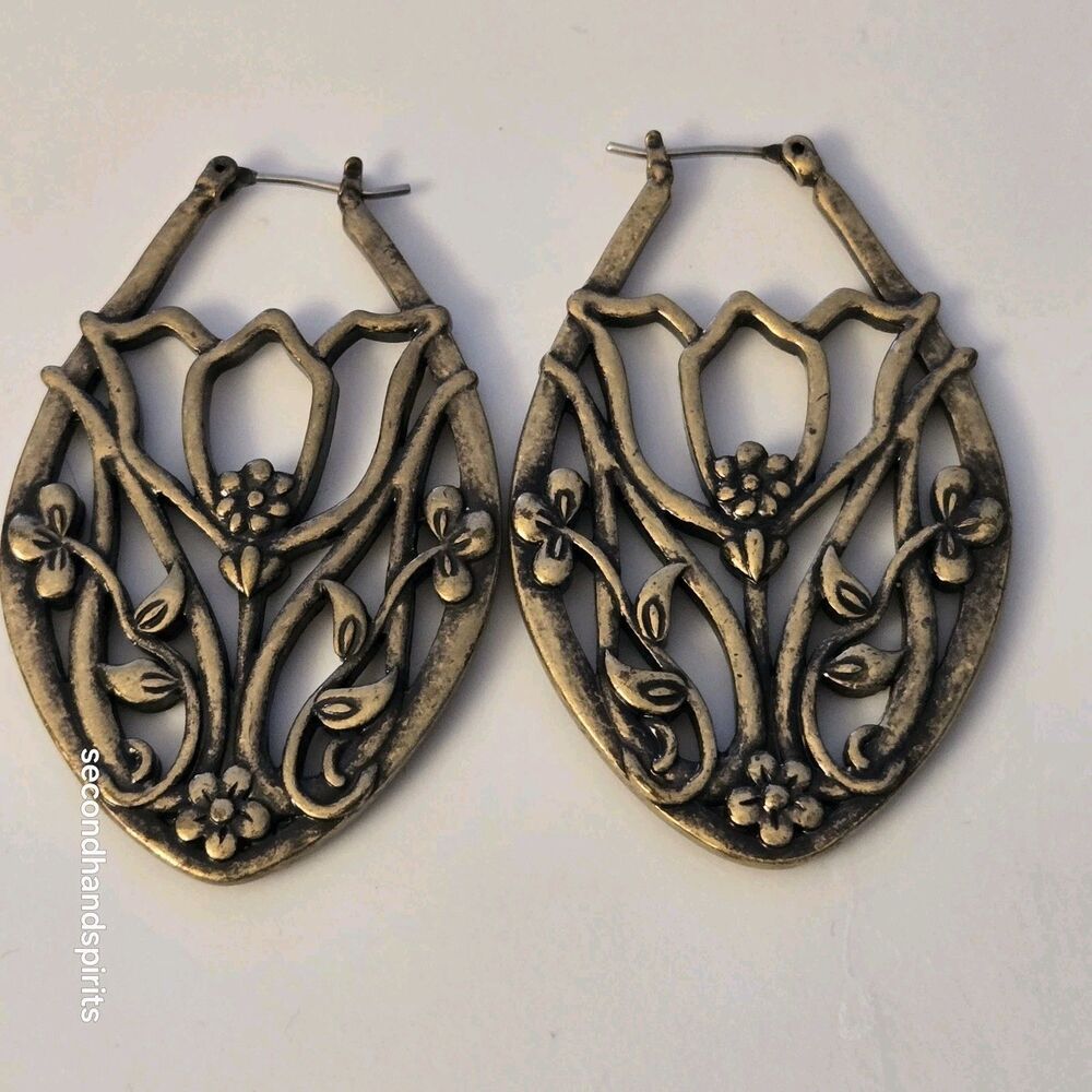 Vintage Art Nouveau Filigree Hoop Earrings Brass Tone Floral Flower Drop 1.5"
